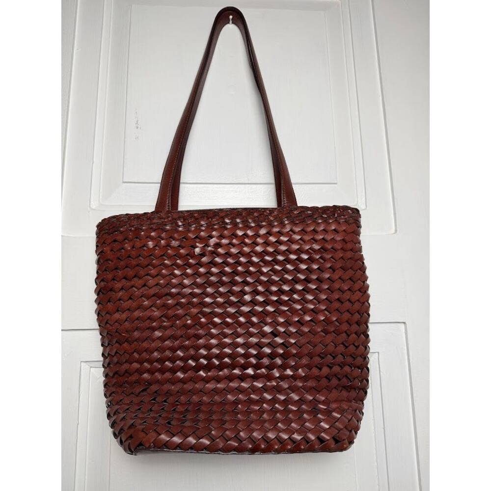 Vintage FOSSIL Brown Woven Leather Tote Handbag Basket Weave Shoulder Bag - Picture 3 of 13